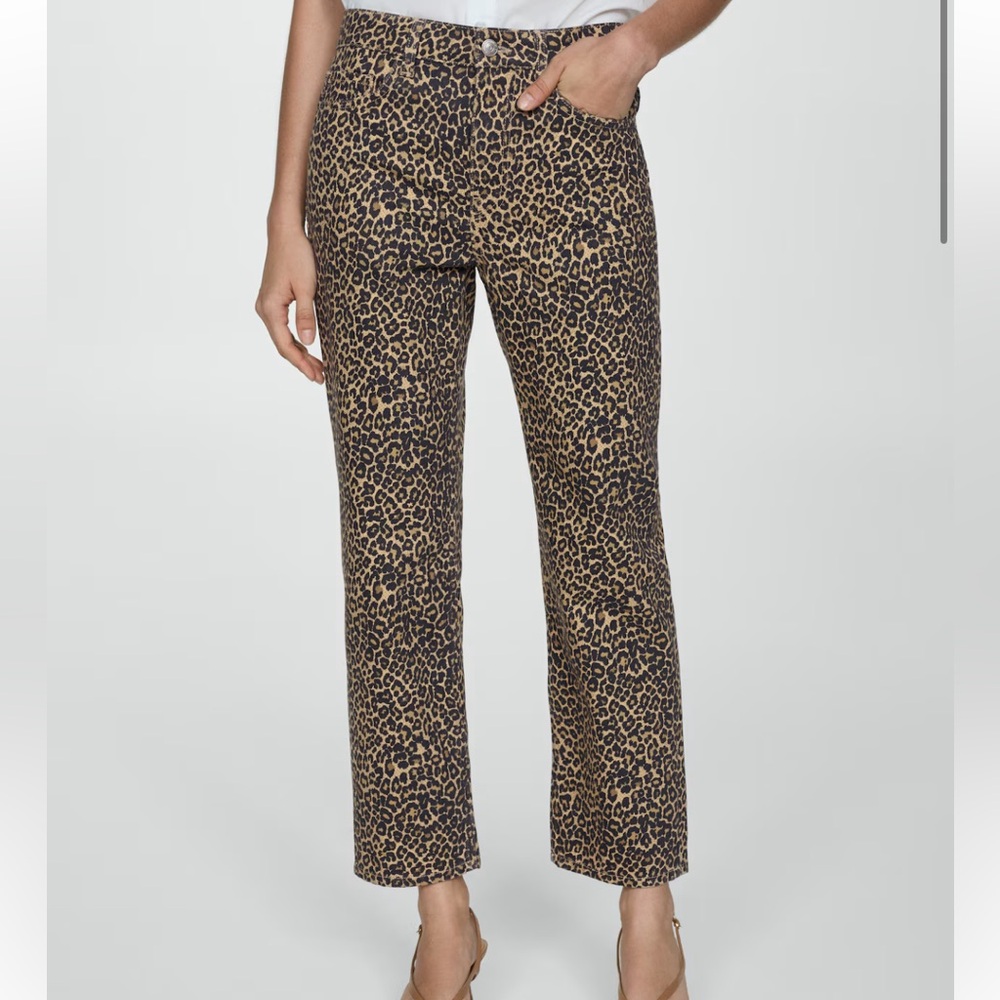 Mango Leopard print straight leg jeans.
